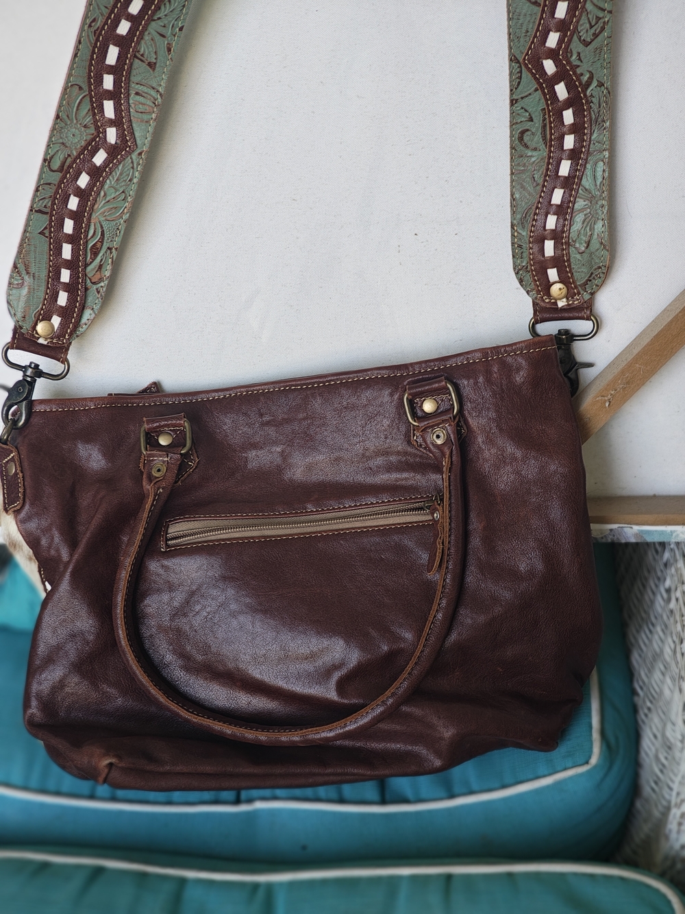 Women’s Tribal Embroidered Cowhide Satchel - Brown & Green - Picture 3 of 4
